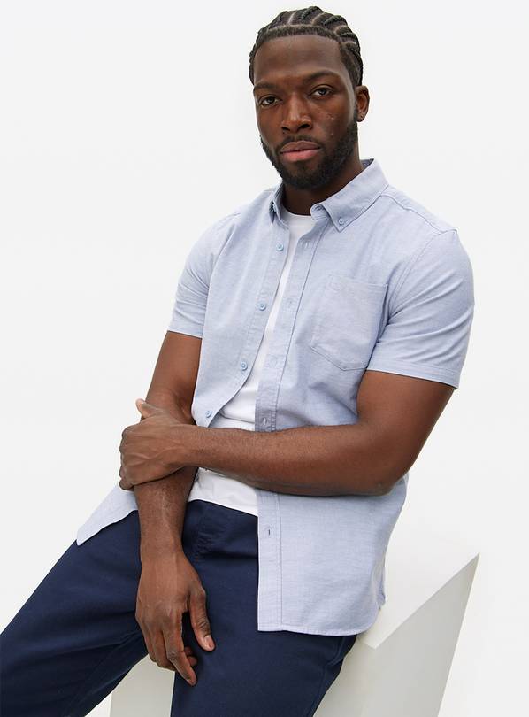 Blue Short Sleeve Slim-Fit Oxford Shirt L