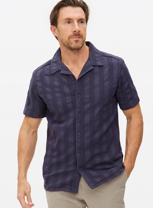 Navy Dobby Stripe Short Sleeve Shirt L