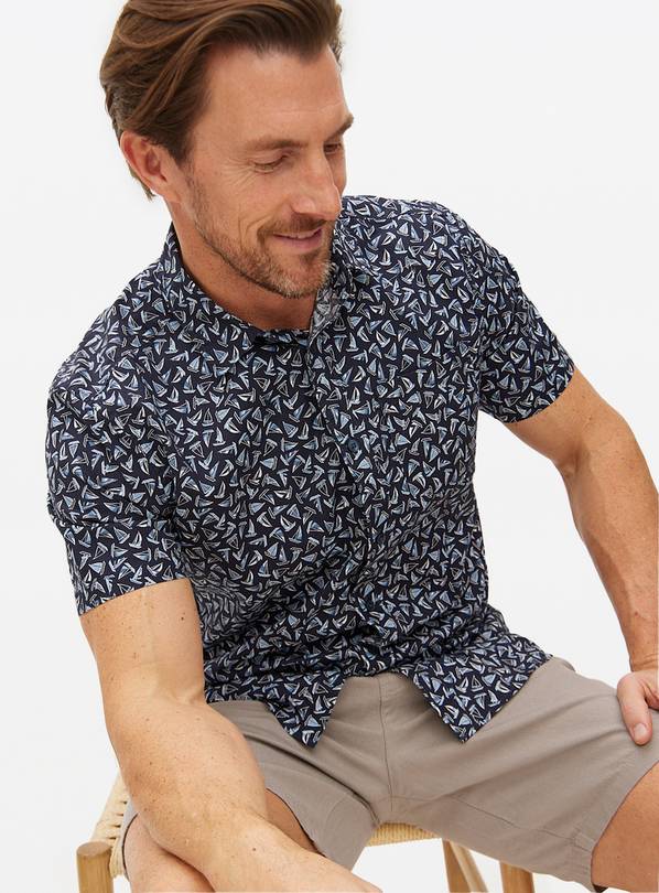 Navy Sailboat Printed Slim Fit Shirt XXXXL