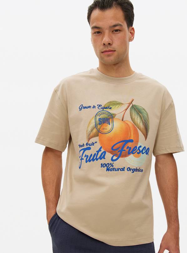Beige Fruit Printed Relaxed T-Shirt M