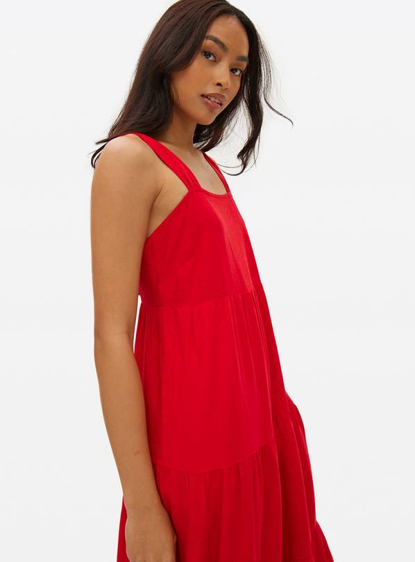 Red Tiered Linen Maxi Dress M