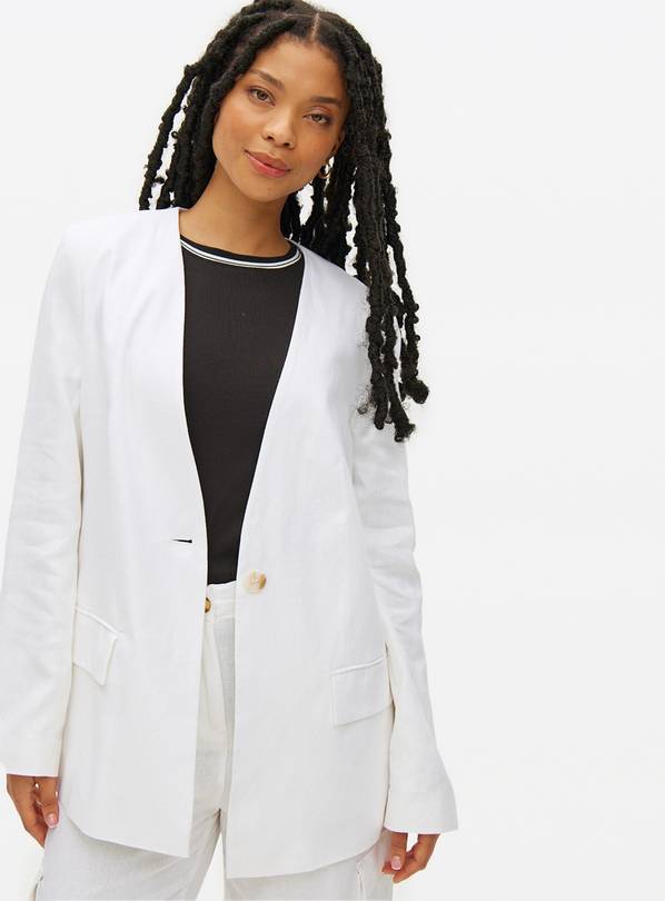 White Linen Blend Collarless Blazer 18