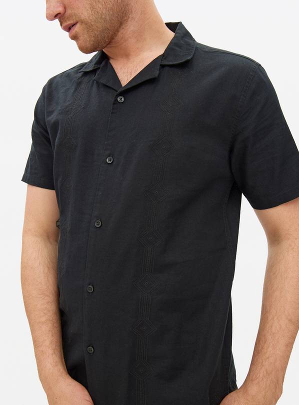 Black Linen Border Embroidered Shirt S